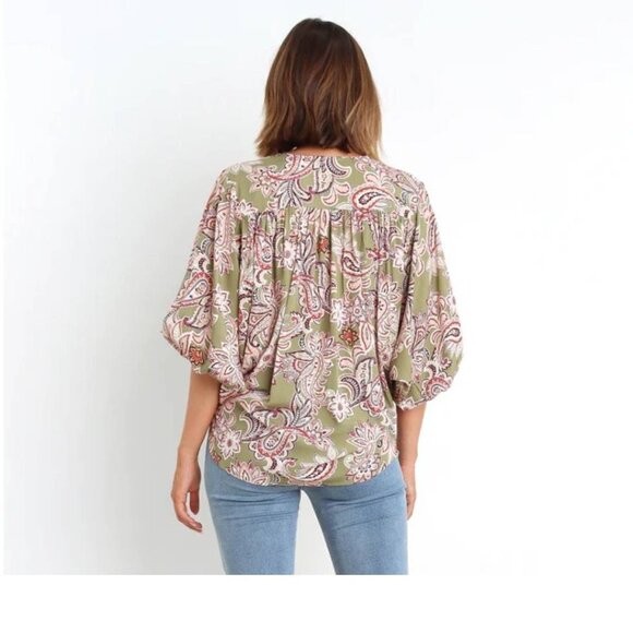 NWT Petal & Pup Overlay Rayon Kendra Top - Olive Paisley, size M/L - Picture 3 of 5